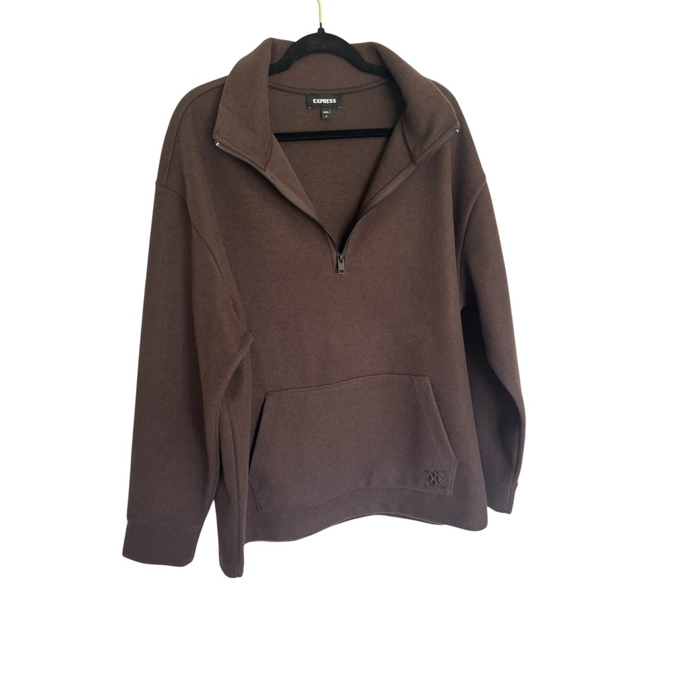 Express Mens Brown Quarter Zip Fleece Pullover Sweatshirt XL Mock Neck Pocket